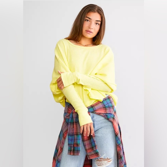 Free People Tops - Free People Microphone Drop Thermal Knit Top in Lemon Grass. NWT Size Medium.